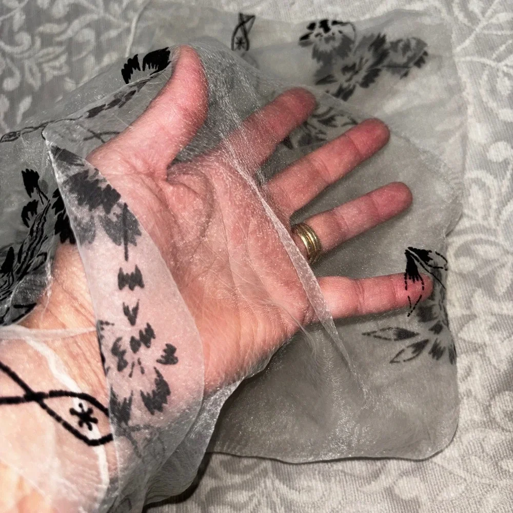 Vintage Made in Japan Sheer White Scarf Black‎ Floral Flocked Square Neckerchief